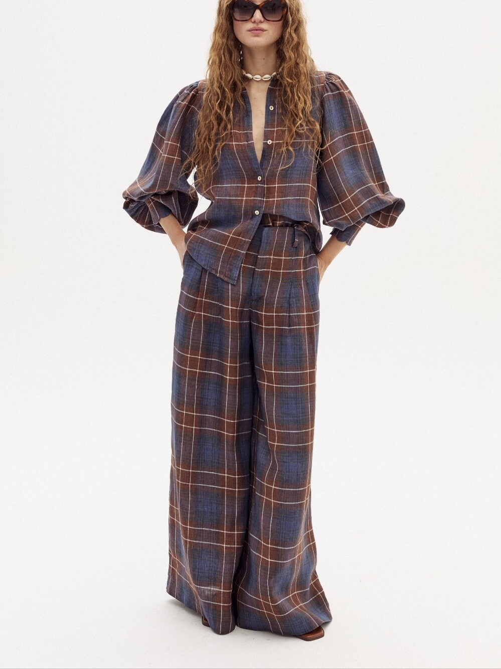 Lanhtropy Plaid Wide-Leg Pants & Shirt Linen Set - Blue Brown Plaid
